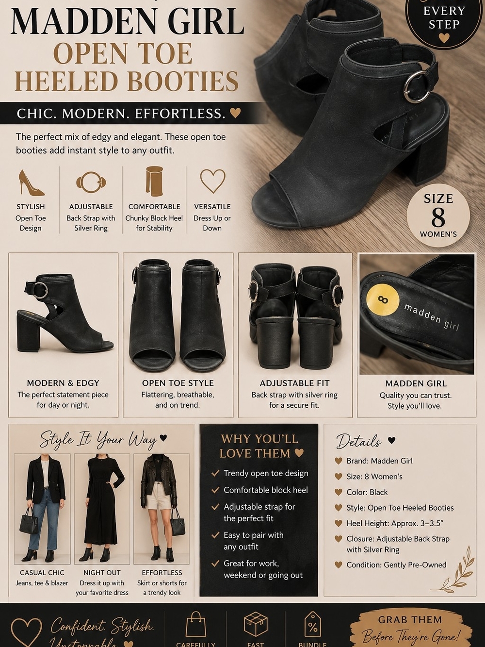 Madden Girl Black Open-Toe Chunky Heel Booties